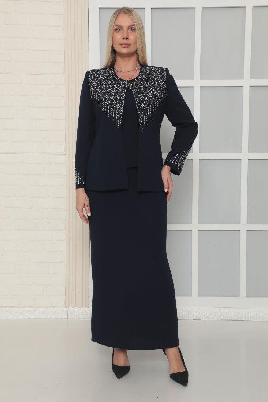 Ceketi Zarif Taş İşleme Detaylı Lacivert Uzun Etekli Üçlü Takım