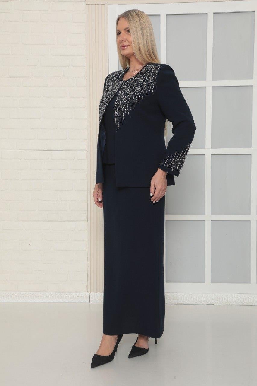 Ceketi Zarif Taş İşleme Detaylı Lacivert Uzun Etekli Üçlü Takım