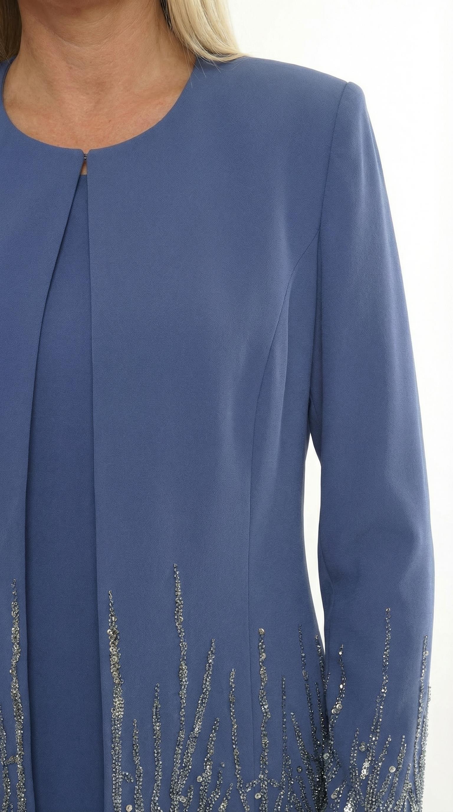 Ceketi Zarif Taş Süslemeli Yırtmaçlı Mavi Uzun Etekli Üçlü Takım