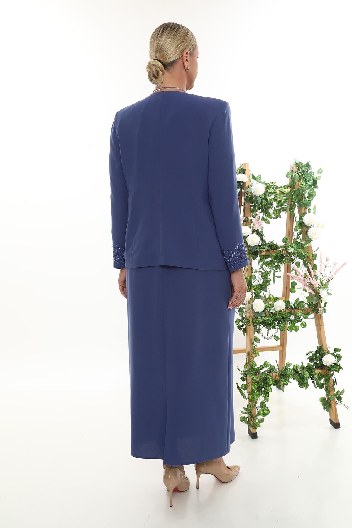 Ceketi Zarif Taş İşleme Detaylı Mavi Uzun Etekli Üçlü Takım