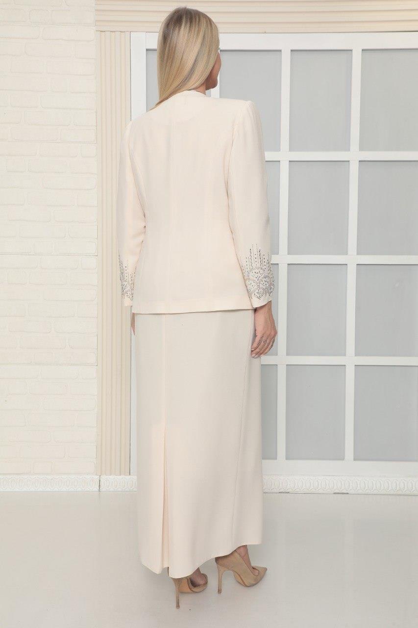 Ceketi Zarif Taş İşleme Detaylı Bej Uzun Etekli Üçlü Takım