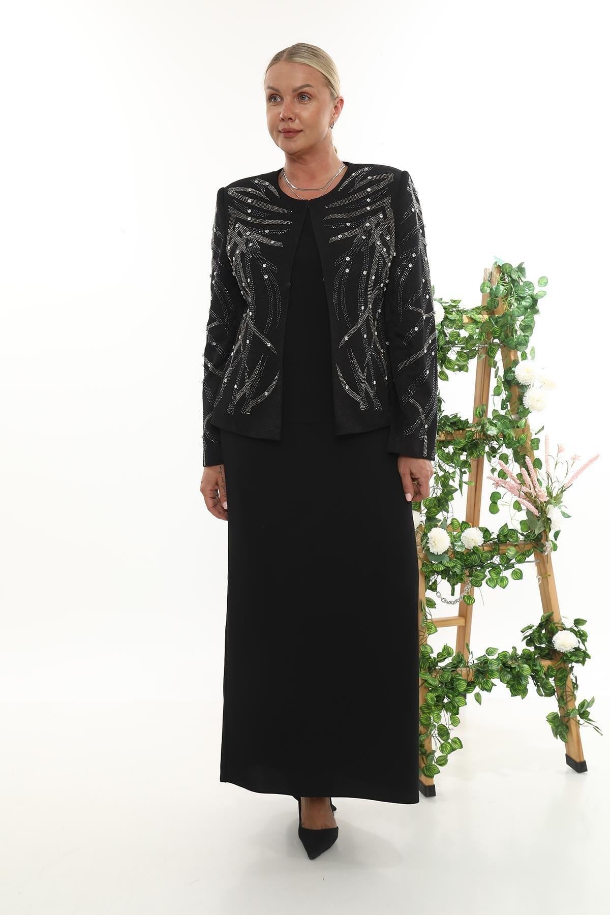 Ceketi Zarif Taş İşlemeli Detaylı Siyah Uzun Etekli Üçlü Takım