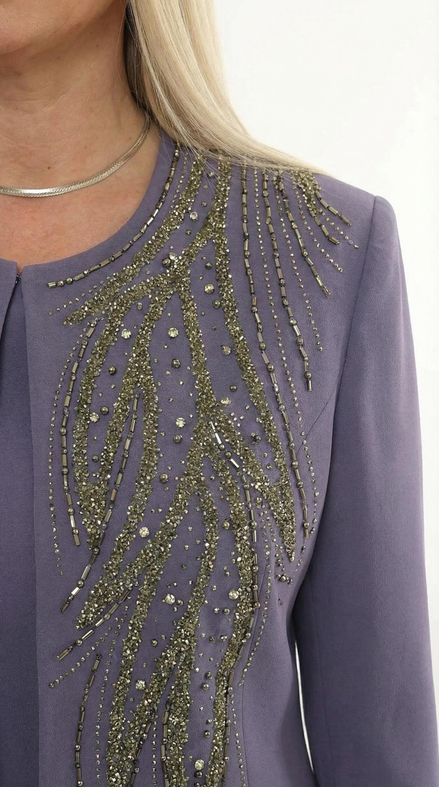 Ceketi Zarif Taş Süslemeli Kapalı Yırtmaçlı Mor Uzun Etekli Üçlü Takım