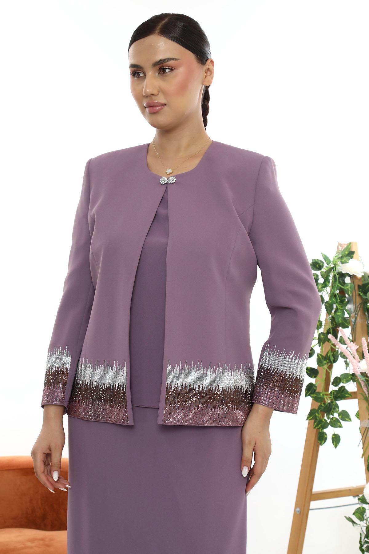 Mor Simli Ceketi Taş İşlemeli Uzun Etekli Üçlü Takım