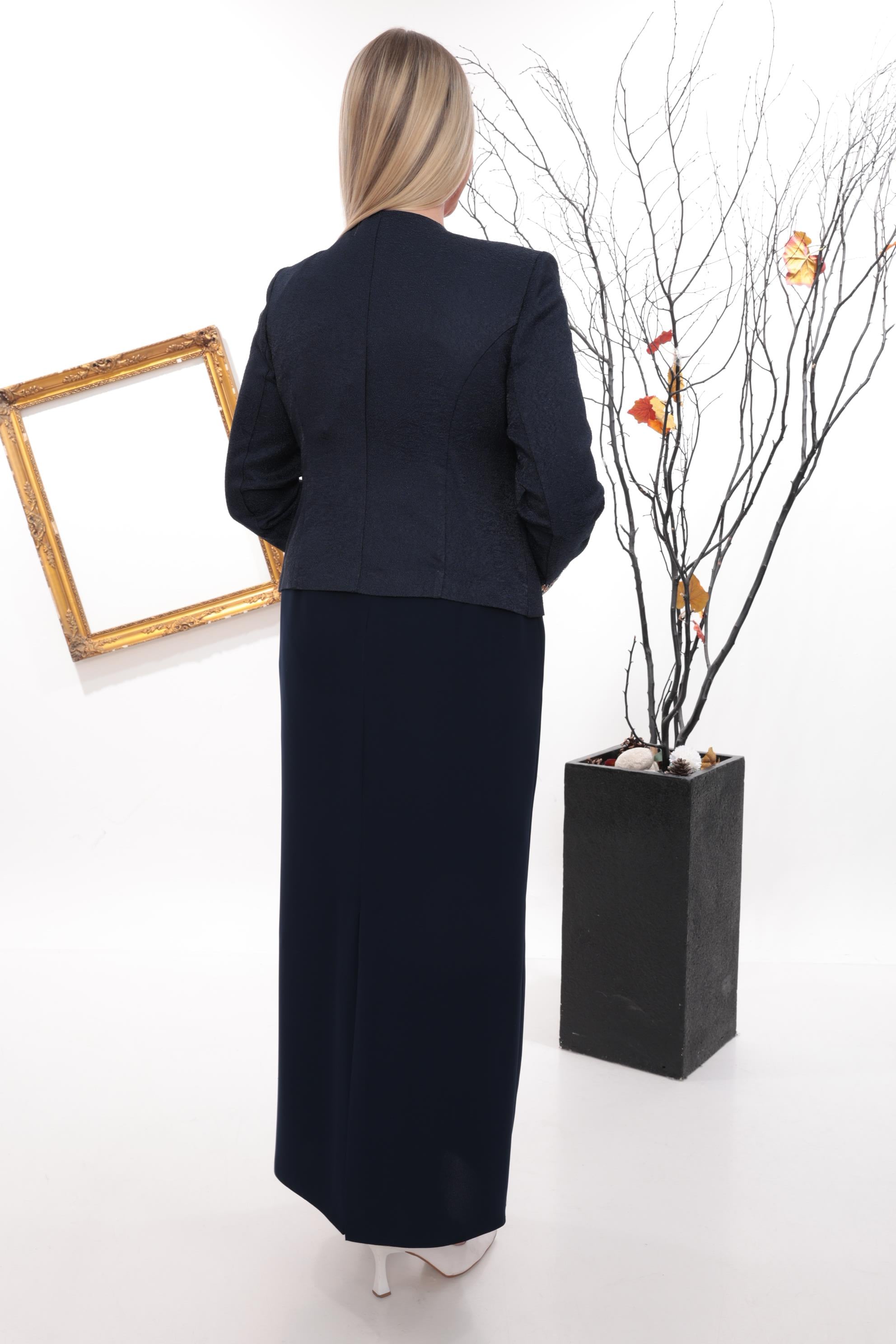 Önü Gold Blok Taş Detaylı Lacivert Uzun Etekli Üçlü Takım