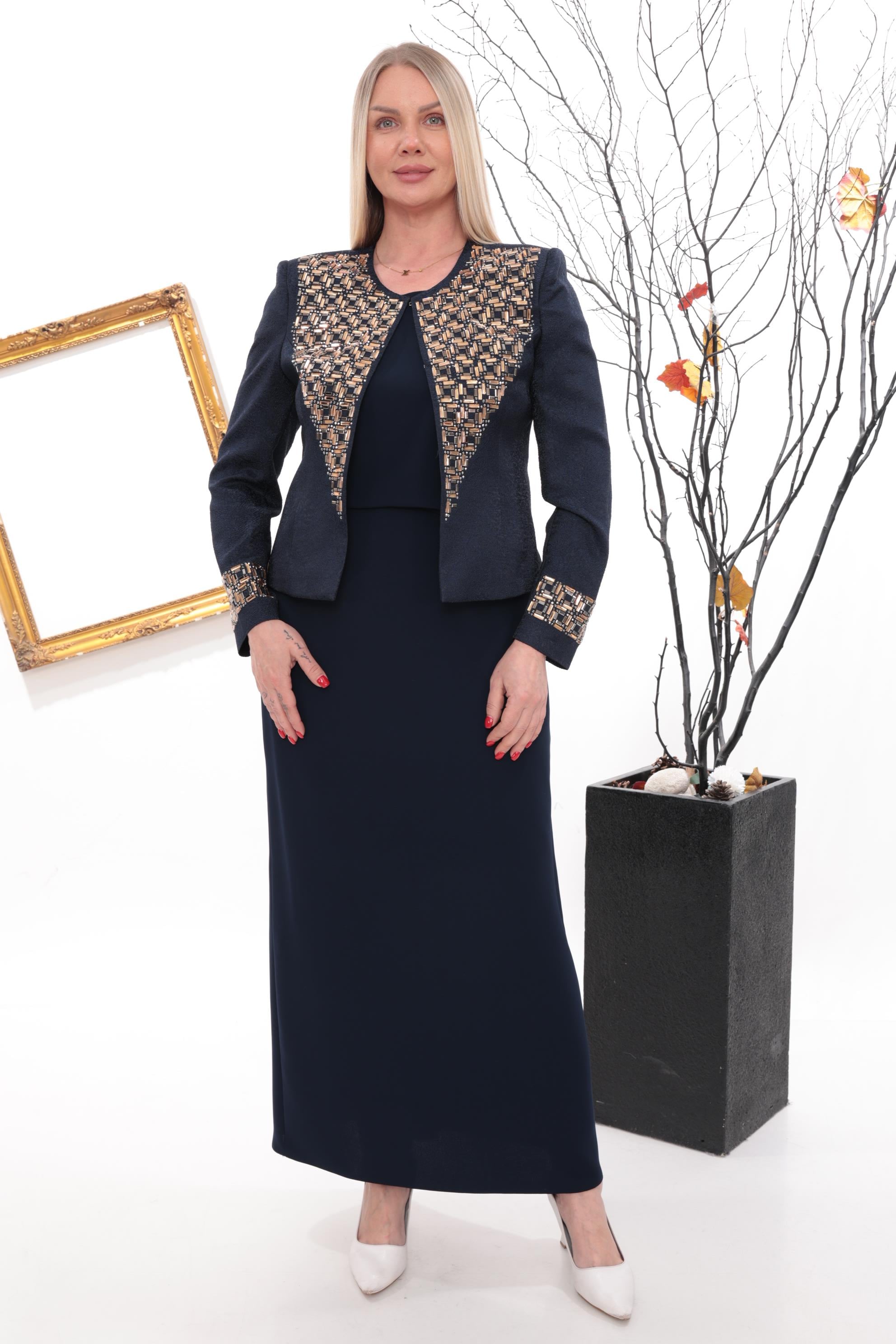 Önü Gold Blok Taş Detaylı Lacivert Uzun Etekli Üçlü Takım