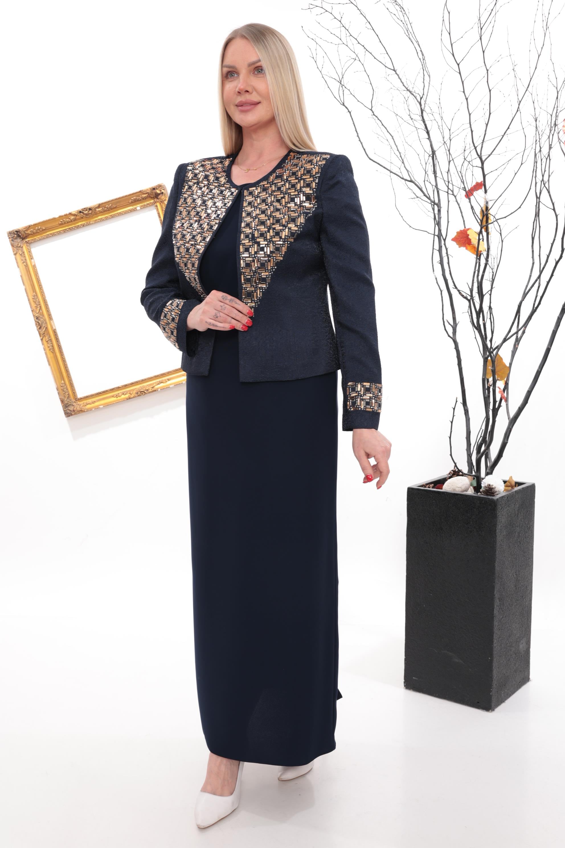 Önü Gold Blok Taş Detaylı Lacivert Uzun Etekli Üçlü Takım