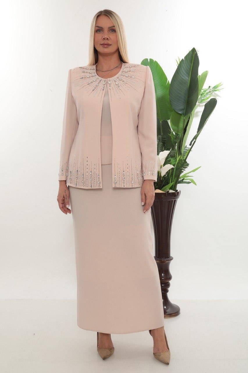 Ceketi Taş İşlemeli Kapalı Yırtmaç Pudra Uzun Etekli Üçlü Takım