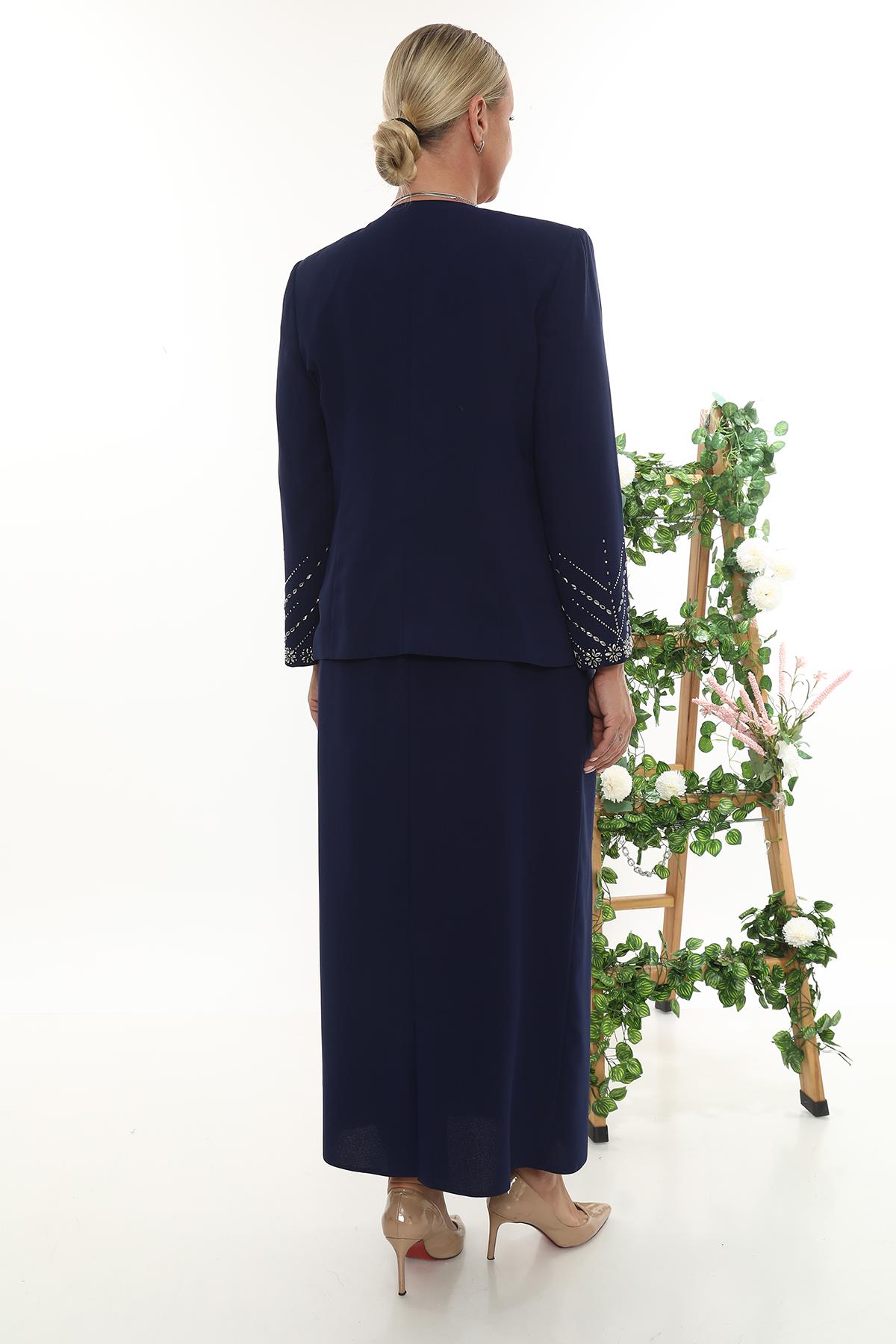 Taş İşlemeli Ceketli Şık Lacivert Uzun Etekli Üçlü Takım