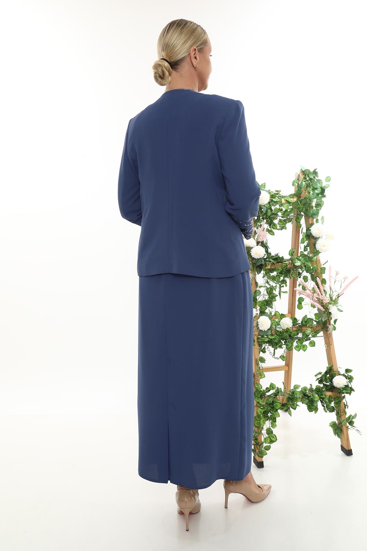 Taş İşlemeli Ceketli Şık Mavi Uzun Etekli Üçlü Takım