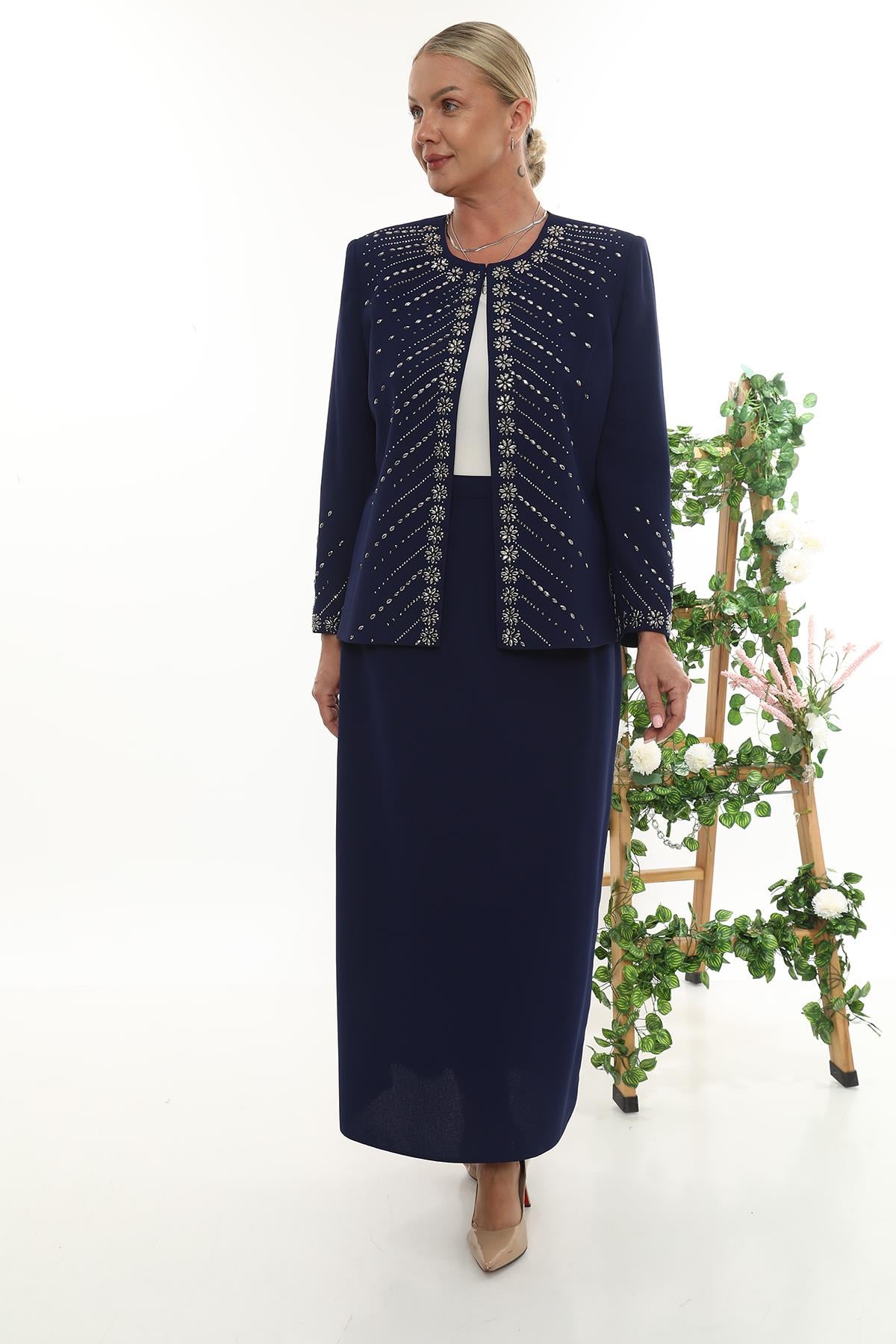 Taş İşlemeli Ceketli Şık Lacivert Uzun Etekli Üçlü Takım