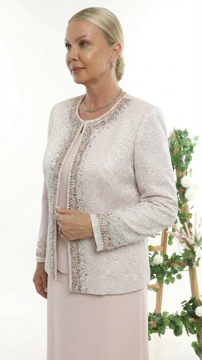 Taşlı Astarlı Jakar Pudra Uzun Etekli Üçlü Takım