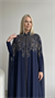 Lacivert Şifon Yoğun Taş İşlemeli Abaya Elbise