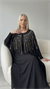 Şifon Altın Nakış İşlemeli Siyah Abaya Elbise Ferace