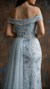 Mavi Işıltılı Düşük Omuz Sarmaşık Boncuk Nakışlı Kuyruklu Abiye