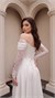 Off-The-Shoulder Draped Cowl Neck Lace Sleeve Ivory Evening Dress