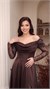 Off-The-Shoulder Draped Cowl Neck Lace Sleeve Brown Evening Dress
