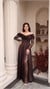 Off-The-Shoulder Draped Cowl Neck Lace Sleeve Brown Evening Dress