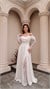 Off-The-Shoulder Draped Cowl Neck Lace Sleeve Ivory Evening Dress