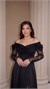 Off-The-Shoulder Draped Cowl Neck Lace Sleeve Black Evening Dress