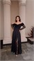 Off-The-Shoulder Draped Cowl Neck Lace Sleeve Black Evening Dress