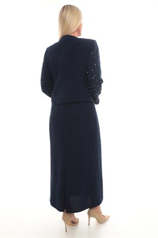 Ceketi Şık Taş Süslemeli Kapalı Yırtmaçlı Lacivert Ceket Elbise