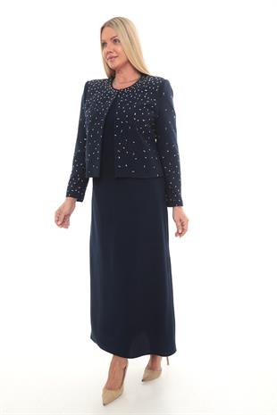 Ceketi Şık Taş Süslemeli Kapalı Yırtmaçlı Lacivert Ceket Elbise