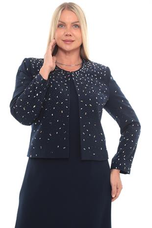 Ceketi Şık Taş Süslemeli Kapalı Yırtmaçlı Lacivert Ceket Elbise