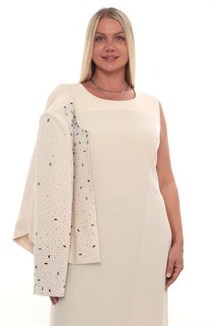 Ceketi Şık Taş Süslemeli Kapalı Yırtmaçlı Bej Ceket Elbise