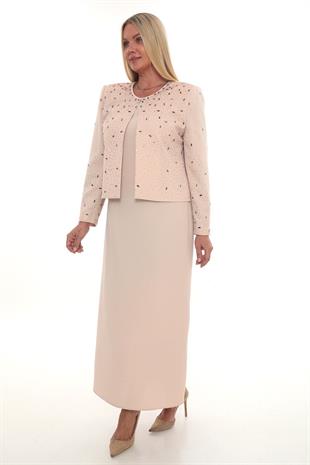 Ceketi Şık Taş Süslemeli Kapalı Yırtmaçlı Pudra Ceket Elbise