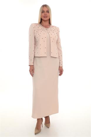 Ceketi Şık Taş Süslemeli Kapalı Yırtmaçlı Pudra Ceket Elbise