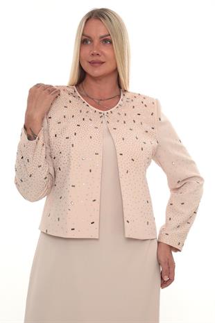 Ceketi Şık Taş Süslemeli Kapalı Yırtmaçlı Pudra Ceket Elbise