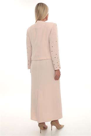 Ceketi Şık Taş Süslemeli Kapalı Yırtmaçlı Pudra Ceket Elbise