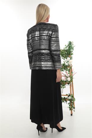 Gümüş Simli Taş İşlemeli Astarlı Ceket Elbise