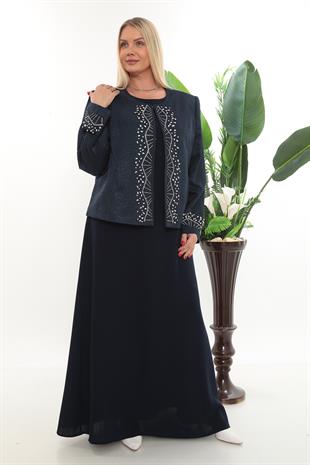 Lacivert Ceketİ Taş Detaylı Büyük Beden Ceket Elbise