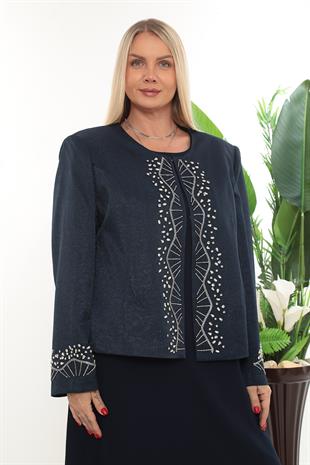Lacivert Ceketİ Taş Detaylı Büyük Beden Ceket Elbise