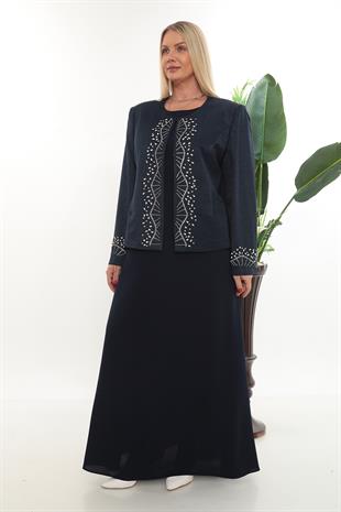 Lacivert Ceketİ Taş Detaylı Büyük Beden Ceket Elbise