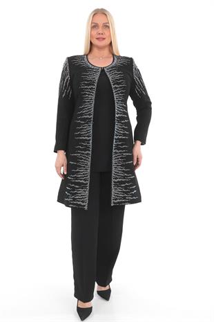 İşlemeli Detaylı Krep Kumaş Pantolonlu Siyah Üçlü Takım