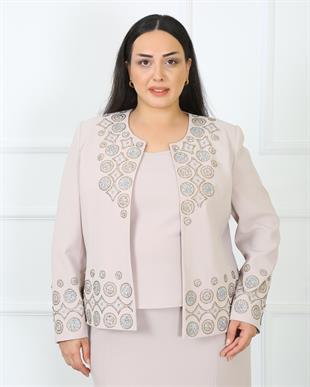 Uzun Kol İşlemeli Ceket Etek Bluz Bej Üçlü Takım