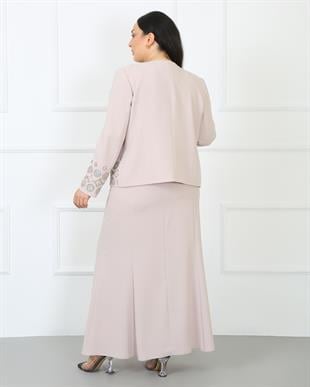 Uzun Kol İşlemeli Ceket Etek Bluz Bej Üçlü Takım