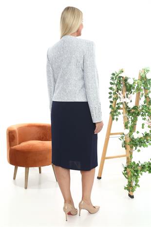 Ceketi Şerit Taş İşlemeli Gri Kısa Etekli Üçlü Takım