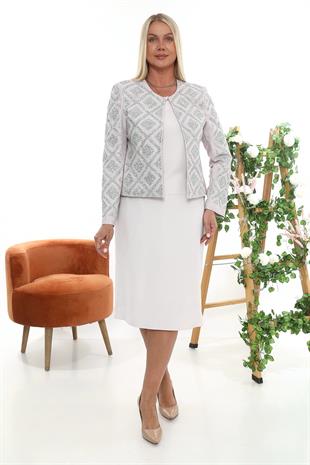 Ceketi Taş İşlemeli Pudra Kısa Etekli Üçlü Takım