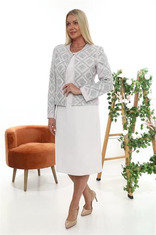 Ceketi Taş İşlemeli Pudra Kısa Etekli Üçlü Takım