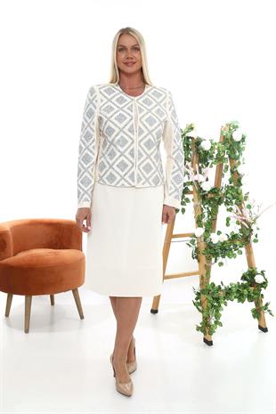 Ceketi Taş İşlemeli Bej Kısa Etekli Üçlü Takım