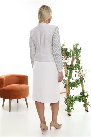 Ceketi Taş İşlemeli Pudra Kısa Etekli Üçlü Takım