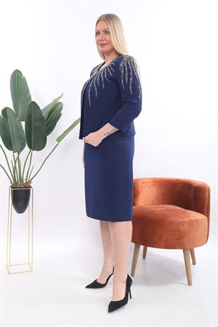 Yakası ve Omuzu Taş İşlemeli Krep Kumaş Lacivert Kısa Etekli Üçlü Takım