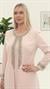 Ceket Önü Zarif Taş İşlemeli Pudra Üçlü Pantolonlu Takım