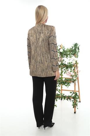 Ceketi Şerit Taş İşlemeli Gold Üçlü Pantolonlu Takım