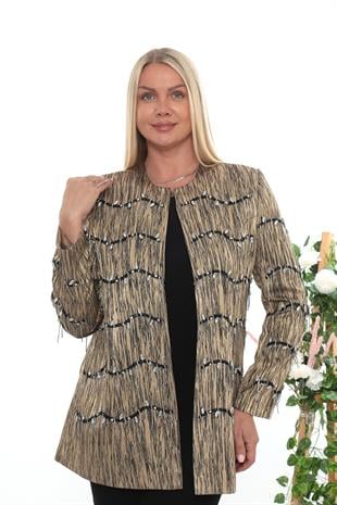 Ceketi Şerit Taş İşlemeli Gold Üçlü Pantolonlu Takım