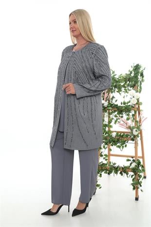 Uzun Kollu Ceketi Taş İşlemeli Büyük Beden Üçlü Pantolonlu Takım